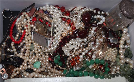 A group of assorted costume jewellery etc. including silver mounted toilet jar.